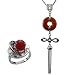 Good Luck Red Jade Sterling Silver Pendant Necklace & Fortune, Luck, Health and Longevity Chinese Symbol Ring Set 18"