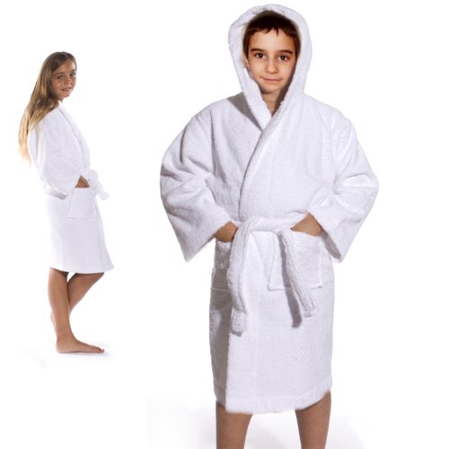 Royal Resort Collection: Luxury Hooded Robe - Terry Loop Kids Bathrobe, 100% Turkish Cotton, Color: Pure White, Size: (7-11 yo), UNISEX