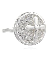 Sterling Silver Pave Crystal Round Ring with Cross Ring