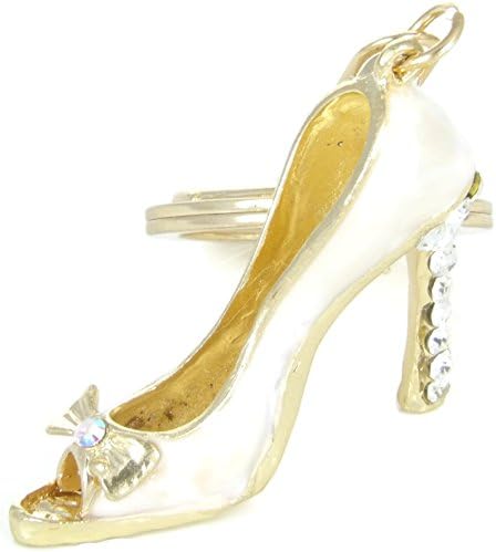 Jeweled High Heeled Gold Plated Brilliant crystal Cinderella White Beige Shoe Pumps Key Chain, Key Ring, Handbag Charm/Handbag Accessories, Gift Box (US SELLER)