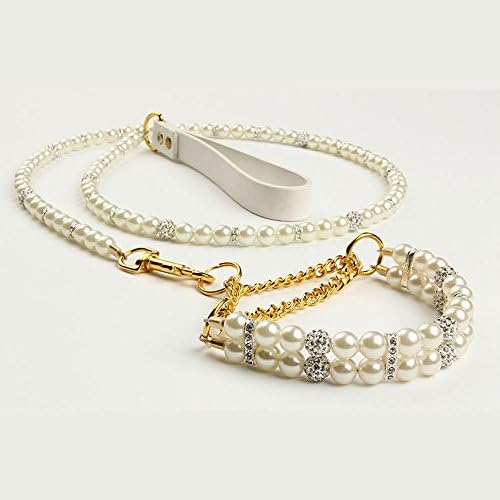 Blingbling Pets dog cat pearls collar leash set dogs walking necklace lead