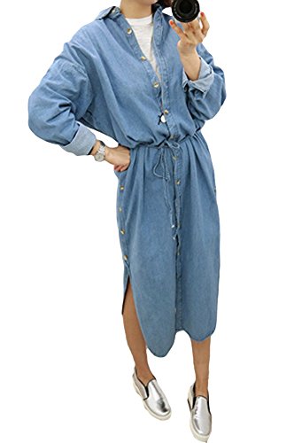 [CASA ROSADA] デニムシャツワンピース 長袖 ロング丈 ウエストリボン オリジナルブレスレットセット