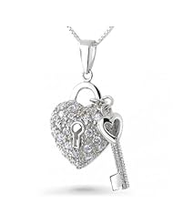 Valentines Day Gifts Bling Jewelry Silver CZ Key to My Heart Charm Pendant 18in