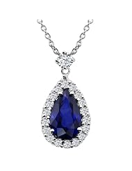1.67 Ct Pear Shape Natural Sapphire & Diamonds 14K White Gold Pendant 18" Chain