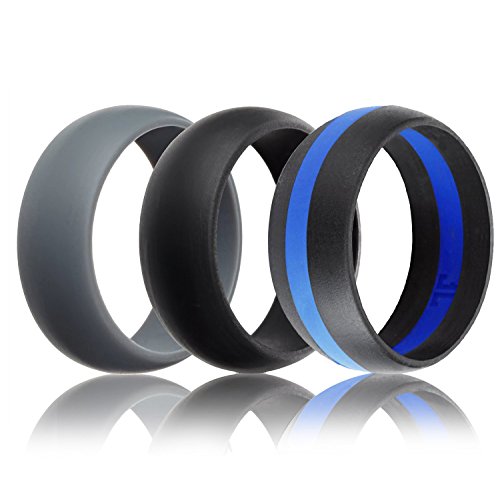Mens Silicone Wedding Ring Wedding Band - 3 Rings Pack - 8.7mm Wide (2mm Thick) - Black, Grey, Black & Blue (11)