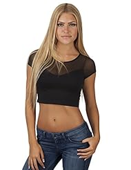 Apparel: Hollywood Star Fashion Womens Short-Sleeve Mesh-back Sweetheart Crop Top (One Size, Black)