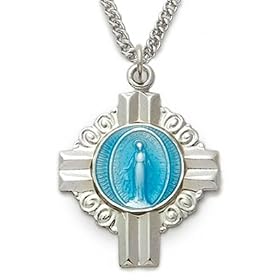 Sterling Silver 1" Engraved Blue Enameled Oval Miraculous Medal Cross on 24" Chain