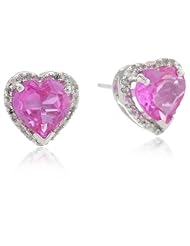10k White Gold Heart-Shaped Created Pink Sapphire with Diamonds Heart Earrings