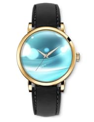 SPRAWL Aanalog Fashion Series Gold Ladies Watches of Genuine Black Leather Strap,Unique Wrist Watch for Women Girls Designed with Circles and bars metallic blue background