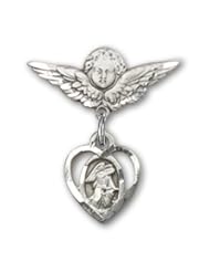 Sterling Silver Baby Badge with Guardian Angel Charm and Angel w/Wings Badge Pin