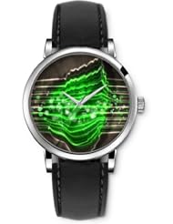 SPRAWL Aanalog Fashion Series Silver Ladies Watches of Genuine Black Leather Strap,Unique Wrist Watch for Women Girls Designed with Dimension of green leaf and stripes