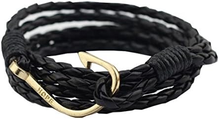 UNIONTOP Mens Womens PU Leather Bracelet Fishing Hook Hope Bracelet Personality Black
