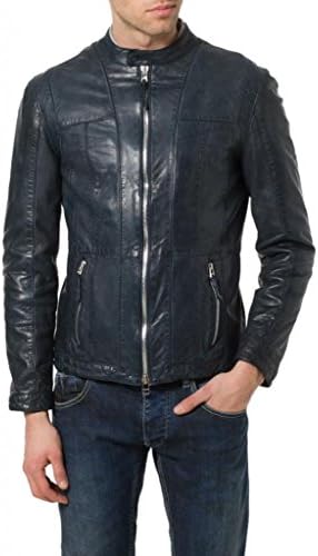 SkinsDesign Men's Leather Biker Jacket MJ217 Small Dark Blue