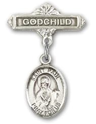 Sterling Silver Baby Badge with St. Paul the Apostle Charm and Godchild Badge Pin