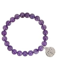 Dragonfly Pendant with Words of Inspiration in Sterling Silver on Purple Amethyst Genuine Gemstone 8mm Bead Stretch Bracelet, 7 Inch Length, #7190