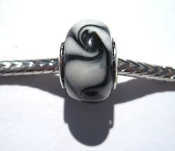 Murano Style Glass Lampwork Bead Fits Pandora Black and White Swirl, 14mm (1)