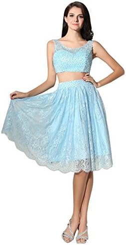 Magydre Women's Scoop Pearl V-Back Lace Beaded Short Two Pieces Homecoming Dress Blue US10