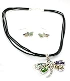 Gorgeous Large Colorful Art Deco Dragon Fly Charm Necklace & Earrings Set on Black Cord Silver...