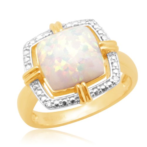 10k Yellow Gold Cushion Cut Created Opal Center and Diamonds Ring, Size 10
