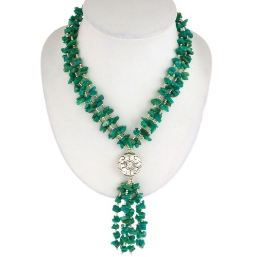 EXP Handmade Dark Green Jade Lariat Necklace With Etched Silver Accent Bead