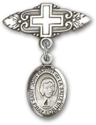 Sterling Silver Baby Badge with St. John Baptist de la Salle Charm and Badge Pin with Cross