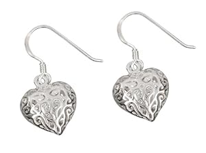 Silver Ladies' Filigree Open Heart Hook Wire Earrings