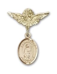 Gold Filled Baby Badge with St. Grace Charm and Angel with Wings Badge Pin