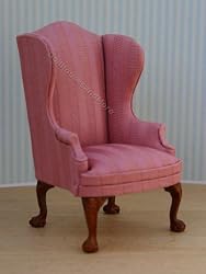 Upholstered Dollhouse Miniature Wing Chair in Pink Stripe