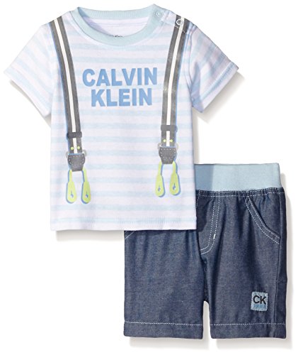 Calvin Klein Baby Boys' Interlock Top and Woven Chambray Shorts, Blue, 24 Months