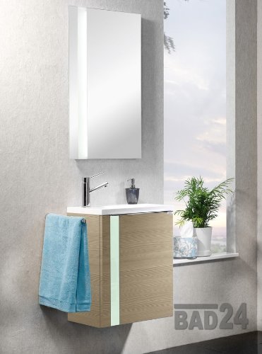 Badmöbelset 2 tlg. Vedro in Pinie mit Glasintarsie Mint links vormontiert