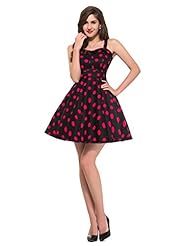 A-line Polka Dot Print Sweetheart Pleated Vintage Spaghetti Strap Flared-Skirt Cotton Cocktail Evening Dress/Party Dress/Wedding Dress  With a Sash 