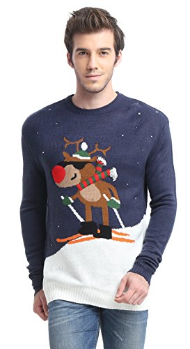 Daisysboutique Men's Holiday Reindeer Snowman Santa Snowflakes Sweater (Medium, Skiing)
