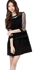 Lace Shirred Above the Knee Elbow Length Sleeves Polka Dot Print Mini Dress 