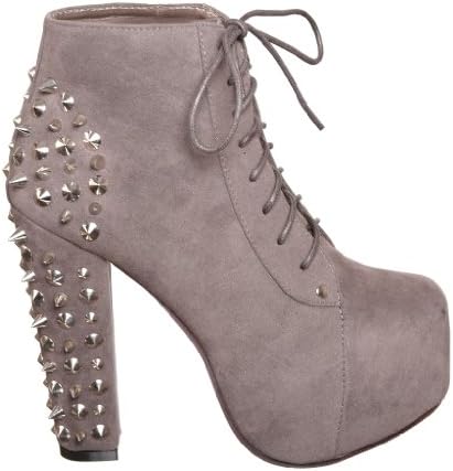 Lace up Platform Ankle Round Toe Booties + Studded Spike (5.5, grey) [Apparel]