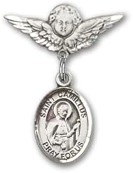 Sterling Silver Baby Badge with St. Camillus of Lellis Charm and Angel with Wings Badge Pin