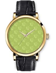 SPRAWL Aanalog Fashion Series Gold Ladies Watches of Genuine Black Leather Strap,Unique Wrist Watch for Women Girls Designed with Flowers on green background