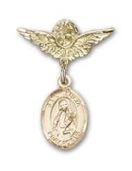 Gold Filled Baby Badge with St. Lucia of Syracuse Charm and Angel with Wings Badge Pin