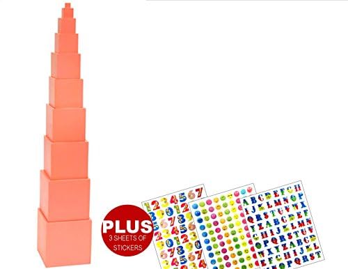 INTELLITOYZ Montessori Pink Tower PLUS 3 sheets of Stickers, Educational Kids Toys