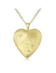 Yellow Gold Vermeil Heart Shaped "Mom" Engraved 0.01ct Diamond Locket Pendant Necklace For Women