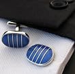 Silver Blue Oval Four Silver Stripe Cufflinks Cuff Links