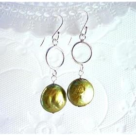 Sterling Silver Circle and Green Coin Pearl Drop Earrings