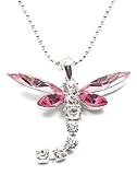 Beautiful Large Pink and Ice/White Crystal Dragonfly Charm Necklace Silver Tone Tail Moves