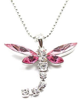 Beautiful Large Pink and Ice/White Crystal Dragonfly Charm Necklace Silver Tone Tail Moves