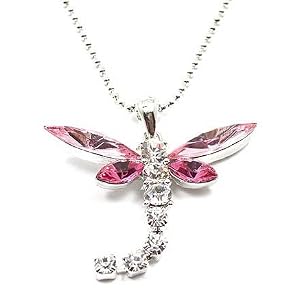 Beautiful Large Pink and Ice/White Crystal Dragonfly Charm Necklace Silver Tone Tail Moves