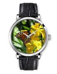 SPRAWL Aanalog Fashion Series Silver Ladies Watches of Genuine Black Leather Strap,Unique Wrist Watch for Women Girls Designed with Butterfly on yellow flower