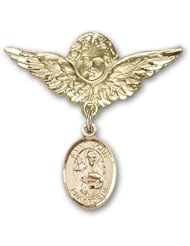 14K Gold Baby Badge with St. John the Apostle Charm and Angel with Wings Badge Pin