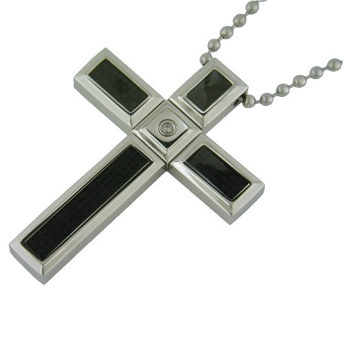 Stainless Steel Cross Pendant with Diamond-Accent and Carbon Fiber
