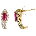 14k Gold 5-Point Leaf-shaped Stud Earrings, w/ 0.20 Carat Brilliant Cut Diamonds & 0.48 Carat Marquise Cut (6x3mm) Enhanced Ruby Stones, 9/16" (15mm) tall