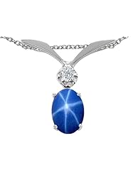 Tommaso Design (tm) Oval 8x6mm Created Star Sapphire and Genuine Diamond Pendant in 14 kt White Gold