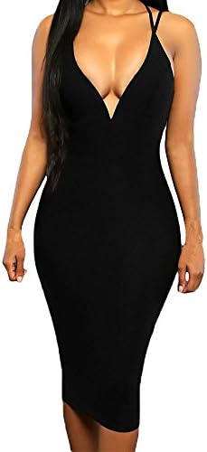 Liberty Queen Women's V Neck Spaghetti Strap Bodycon Midi Dress Black Size M